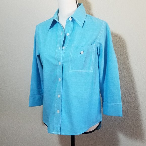 Coldwater Creek Tops - Coldwater Creek Blue Button Down Shirt P XS Top 3/4 Sleeve Womens 100% Cotton
